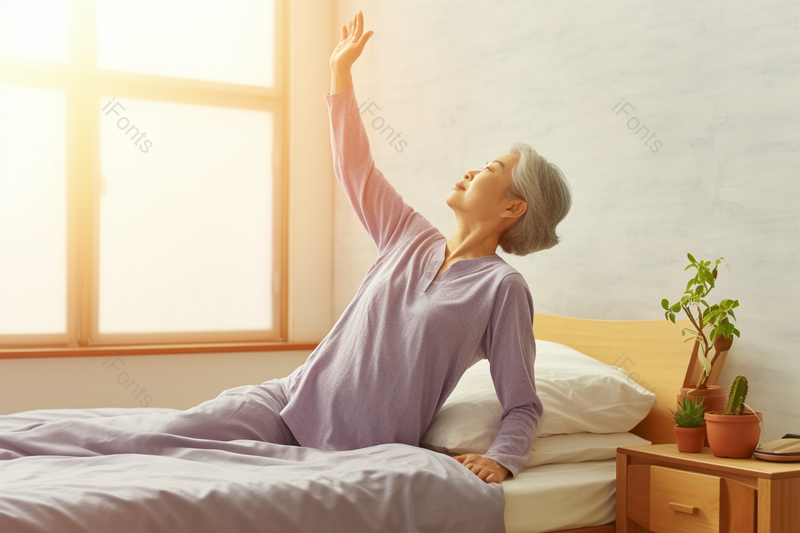早晨老人床上锻炼伸展手臂实拍摄影图,高清,摄影图,摄影图片,图片大全,摄影图免费下载